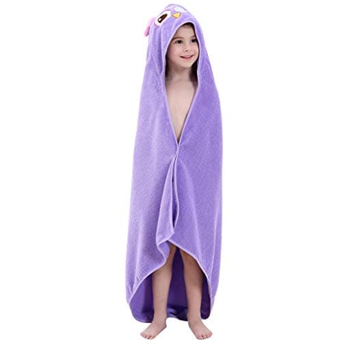 Image of COOKY.D Baby Bath Towels with Hood Ultra Soft Cotton Hooded Bath Robe for Baby Boys Girls, 90x90cm(0-6 Years Old), Purple Owl