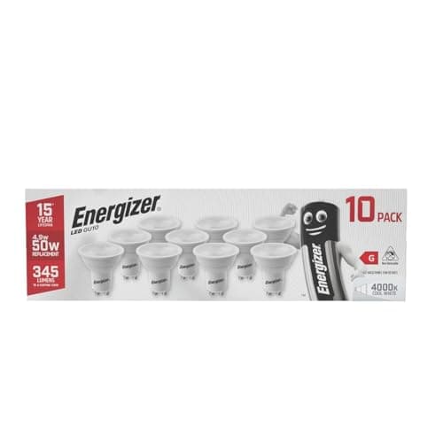 Image of Energizer GU10 LED Bulbs Cool White. 50w Equivalent Spotlight Bulbs. 4000k - 345 Lumen. Non Dimmable - Pack of 10