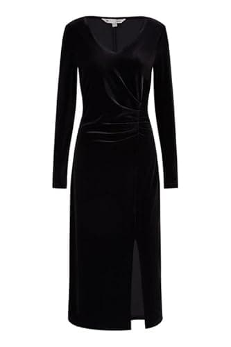 Image of Yumi Black Velvet V-Neck Midi Dress, Long Sleeve, Ruched Waist with Split Hem, 120.5cm Length (UK, Numeric, 14, Regular, Regular, Black)