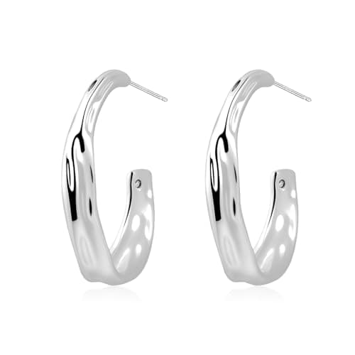 Image of Weviway 925 Sterling Silver Half Hoop Earrings for Women - Hypoallergenic Chunky Silver Stud Hoops Earrings, Elegant Piercing Jewellery Gift for Her