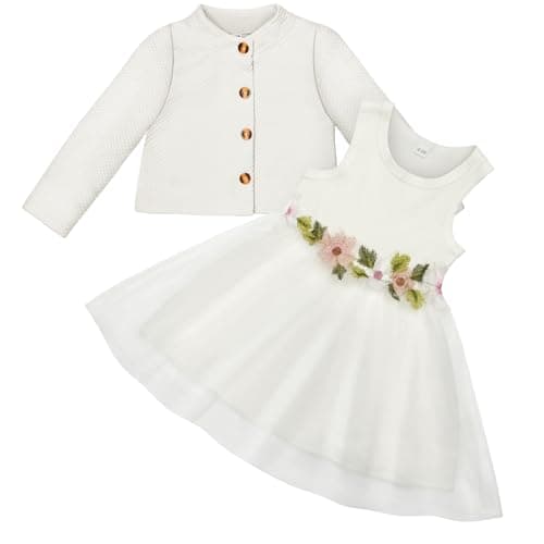 Image of Vicloon Toddler Baby Girls Dress and Cardigan Set, Sleeveless Princess Tutu Dresses with Outfits Coat for Toddler Girl 12-18 Months, White