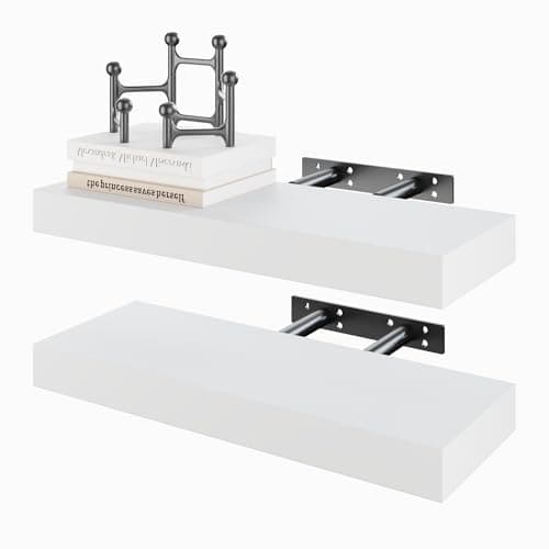 Image of BAMEOS White Floating Shelves - Set of 2, Wall Mounted Wooden Shelves with Invisible Brackets, Hanging Decoration for Bedroom, Bathroom, Living Room, and Kitchen