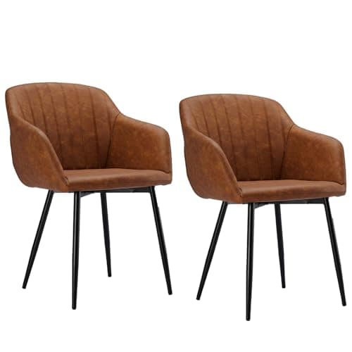 Image of Goeurvant Dining Chairs Set of 2 PU Leather Kitchen Chairs with Armrests Upholstered Chair with Metal Legs Brown