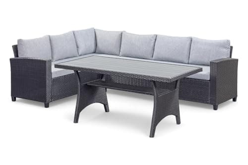 Image of Out & Out Original Black Stockholm 5-Seater Rattan Corner Lounge Set w/Table (Up to 6 Seats) - Modern, Polyrattan, Maintenance-Free Outdoor Furniture