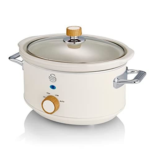 Image of Swan Nordic Slow Cooker with 3 Temperature Settings, Removable Dishwasher Safe Ceramic Pot and Glass Lid, Up to 4 Portions, 3.5L, White, SF17021WHTN