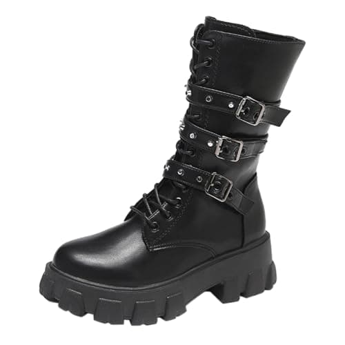 Image of Mid Calf Combat Boots Women | Black Punk Biker Lightweight Lace Up Buckle Chunky Low Heel Shoes Round Toe Short Slip On Motorcycle Comfort Walking (Black, 4)