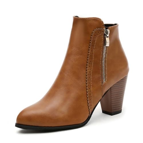 Image of Dernolsea Ladies Chunky Block Heeled Ankle Boots - Faux Leather or Suede Ankle Boots for Women with Zip or Buckle Detail Tan 3 UK