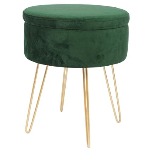 Image of Harbour Housewares Velvet Round Foot Stool with Storage - Green with Gold Legs - Modern Dressing Table Pouffe Footstool Vanity Seats Vanity Chairs Footstools for Living Room, Bedroom