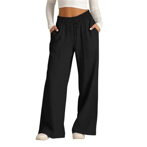 Image of Linen Wide Leg Trousers for Women UK Summer Loose Casual Fashion Beach High Waisted Trousers Vacation Lightweight Straight Leg Palazzo Pants with Pockets Drawstring Elastic Waist Comfy Pant Black