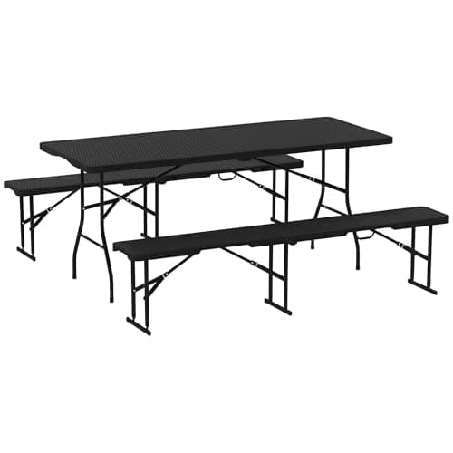 Image of Outsunny Folding Picnic Table and Bench Set, Rattan Effect Portable Camping Table and Chairs with Carrying Handles for Indoor Outdoor, Dining, Camping, Picnic, BBQ, Party, Black