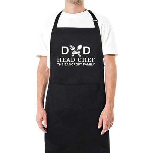 Image of Be Buz Dad Head Chef Apron Personalised Dad Apron with Family Name Gift for Him Aprons for Mens Dad Apron Chef Kitchen Apron BBQ Grill Cooking Apron Father Day Gift Black Apron with two pockets