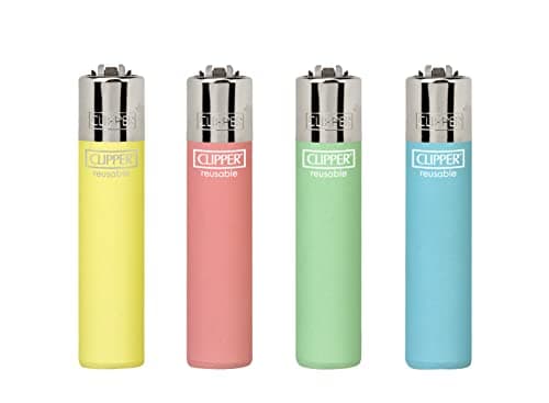 Image of 4 x Clipper Lighters Set Assorted Designs Gas Lighter Refillable NEW SOFT TOUCH Design PINK YELLOW GREEN BLUE GREAT GIFT SET (METALLIC PASTEL ) WITH GIFT CASE BLACK POUCH