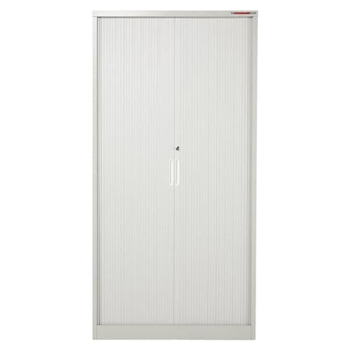 Image of The Workplace Depot Roller Shutter Cupboard – Lockable Tambour Cabinet, Steel Storage with 4 Adjustable Shelves, 1810 x 900 x 400 mm, Black or Grey, For Offices, Schools & Archives (Grey)