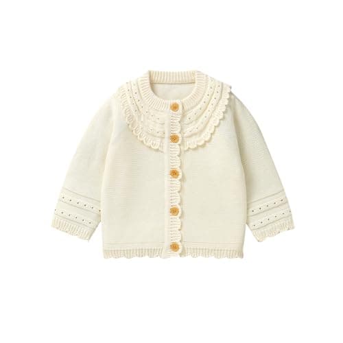 Image of Hadetoto Cotton Baby Girls Cardigan Knit Long Sleeve Toddler Sweater Button Closure Warm Coats Clothes (UK, Age, 12 Months, 18 Months, Ivory)