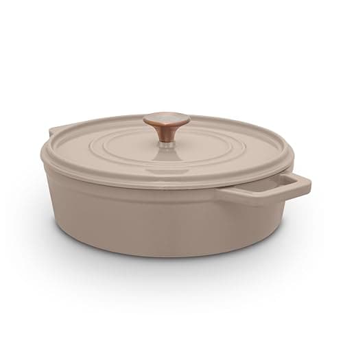 Image of Barbary & Oak Nattura 28cm/3.8L Shallow Cast Iron Casserole/Dutch Oven/Cooking Pot with Durable Enamel Interior, Self Basting Lid, Induction Compatible, Cashmere, BO800322CSH