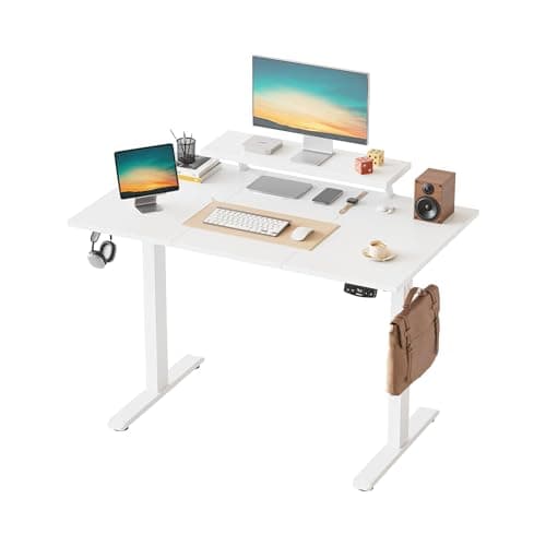 Image of Klicelor Electric Height-Adjustable Desk with Movable Monitor Stand, 120 x 60 cm Sit-Stand Desk with 2 Memory Buttons and 3-Piece Table Top, Computer Desks, White