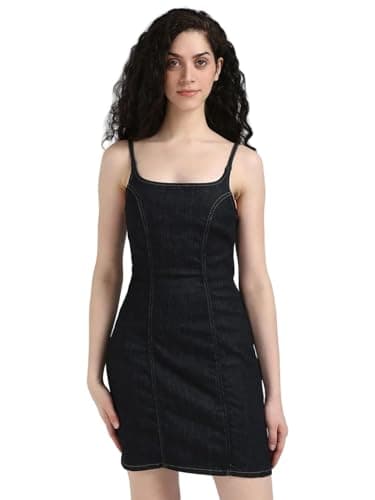 Image of Calvin Klein Jeans Cotton Square Neck Denim Dress, Rinse Blue, L