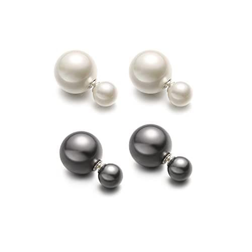 Image of MichelleYoung Two Pairs Sterling Silver Earrings - Double Sided White and Grey Faux Pearl, Ball Stud, Front and Back
