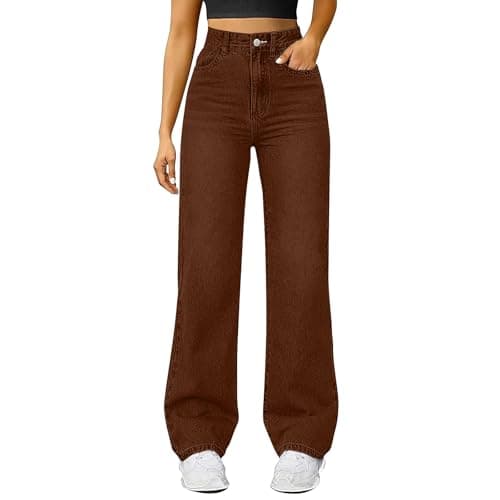 Image of High Waisted Jeans for Women Straight Leg Jeans Women High Rise Stretch Denim Trousers Comfy Wide Leg Pull On Baggy Jean with Pockets Fashion Y2K Boyfriend Pants for Outdoor Office Walking Brown