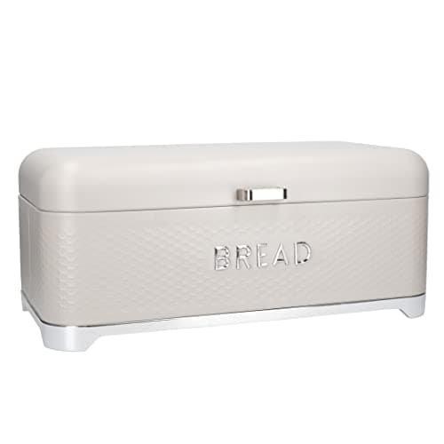 Image of KitchenCraft Lovello Textured Large Bread Bin with Lid, Ventilated Design, 41.5 x 2 x 18cm – Latte Cream`