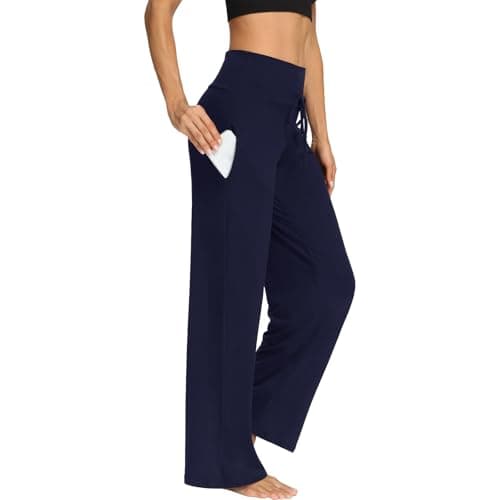 Image of DDOBB Yoga Pants for Women with Pockets Ladies Wide Leg Pants High Waist Stretch Tummy Control Trousers Gym Jogging Casual Trousers Sports Sweatpants Navy