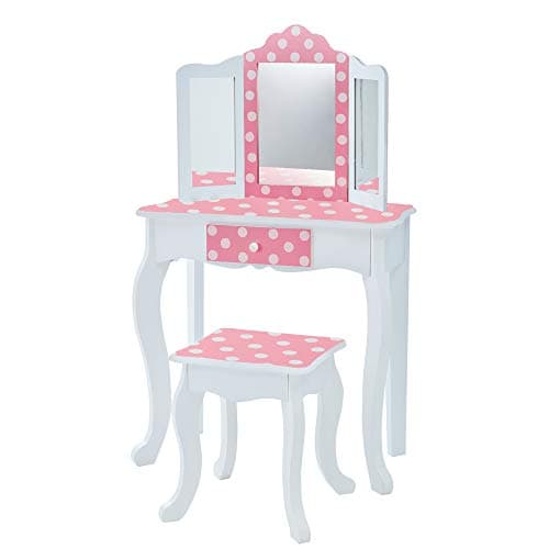 Image of Teamson Kids Princess Gisele Polka Dot Print 2-Piece Kids Wooden Play Vanity Set with Vanity Table, Tri-Fold Mirror, Storage Drawer, and Matching Stool, White with White/Pink Polka Dot Accent