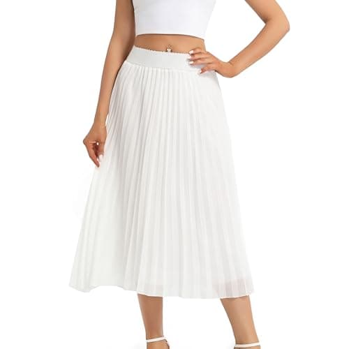 Image of TEERFU Women's Casual High Waist A Line Pleated Midi Swing Skirt Stretch Waist White S