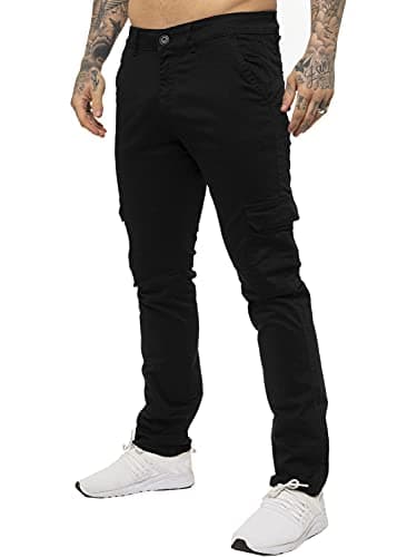 Image of Enzo Jeans Mens Cargo Combat Trousers Chinos Slim Fit Cotton Stretch Work Pants (30W / 32L, Black)