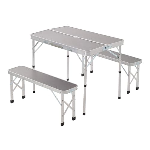Image of The Fellie Picnic Table and Bench Set Folding Camping Table with Parasol Hole 2 Bench Chair Aluminum Portable Tables Chair for Picnic, BBQ,Black