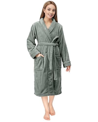 Image of NY Threads Luxury Women’s Dressing Gown Super Soft Fleece Bath Robe Cozy Shawl Collar Loungewear and Nightwear, Medium, Steel Grey