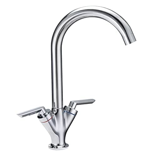 Image of Funime® Kitchen Sink Mixer Taps Monobloc Swivel Spout Chrome Brass Dual Lever with Hoses Traditional Kitchen Mixer Taps 1 Hole