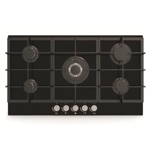 Image of Cookology Essentials AEGOG90BK Gas Hob 90cm - Gas on Glass Kitchen Hob - 5 Burner with 3.5kW Wok Burner - Cast Iron Stands - Auto Ignition - Flame Safety - LPG Kit - Black