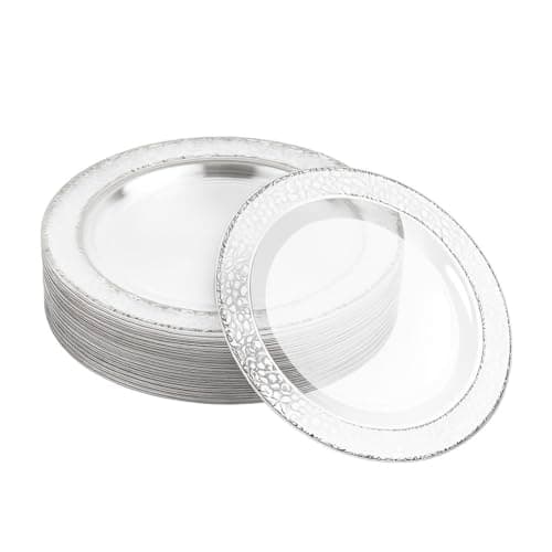 Image of MATANA 20 Premium Clear Hard Plastic Dinner Plates with Hammered Silver Rim, 26cm / 10 Inch - Elegant & Reusable Party Plates for Weddings, Birthdays, Christmas, Parties