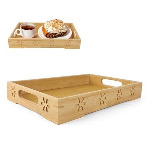 Image of Gsrhzd Tray, 33 * 22 * 5cm Non Slip Mildewproof Bamboo Serving Tray with Handles Carved Pattern for Tea, Snack, Fruit, Breakfast, for Home, Cafes, Eateries etc