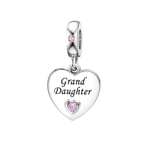 Image of KunBead Granddaughter Pink Heart Love Family Birthday Dangle Bead Charms Compatible with Pandora Charm Bracelet for Women