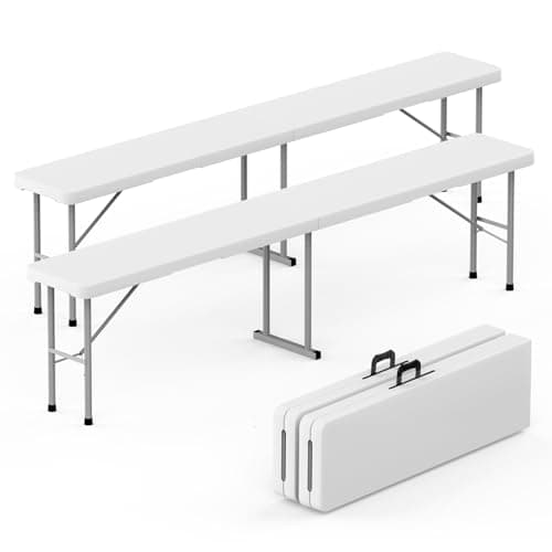 Image of HLPB Folding Bench 6 ft, Foldable Plastic Bench with Handle and Smooth HDPE Tabletop, Protable in/Outdoor Picnic Party Camping Dining Seat, 2 Pack, White