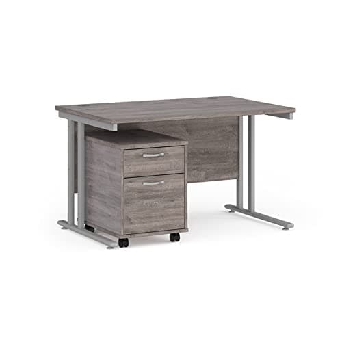 Image of Mr Office Maestro 25 straight desk - with silver cantilever frame and 2 drawer pedestal bundle, Grey oak, 1200