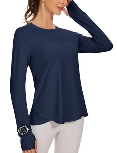 Image of IECCP Long Sleeve Workout Tops for Women Lightweight Athletic Running Gym Active Shirts UPF 50+ Quick Dry Hiking Tops M Navy Blue