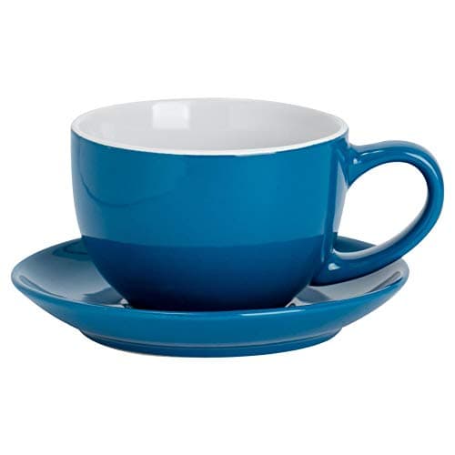 Image of Argon Tableware Blue Cappuccino Cup with Saucer - 250ml Dishwasher Safe Gloss Stoneware Cappuccino Cups and Saucer Set Coffee Mugs with Handle and Grooved Plate