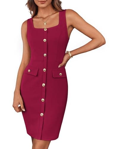 Image of GRACE KARIN Women Summer Sleeveless Bodycon Midi Dress Business Work Buttons Belted Square Neck Dress Dark Red L