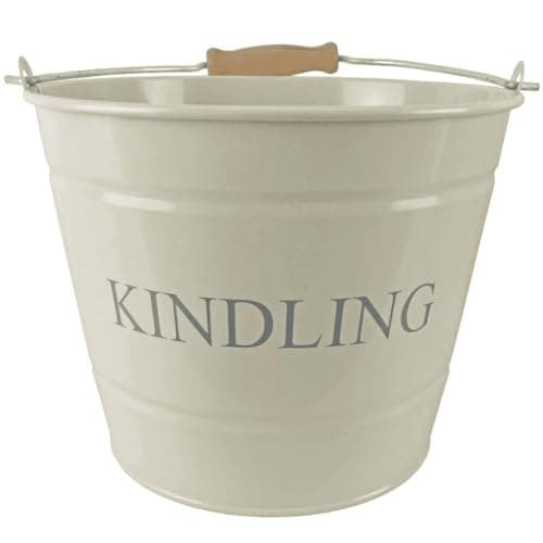 Image of Small Metal Fireside Kindling Bucket with Wooden Handle Diameter Of 22 Centimeters Cream Finish
