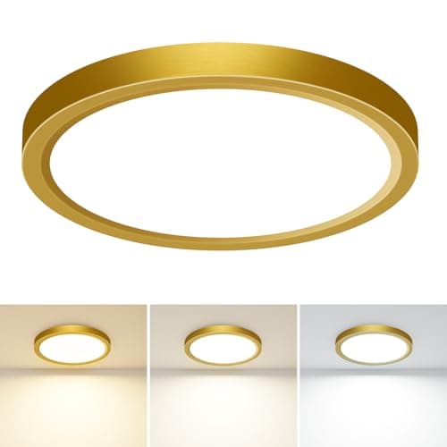 Image of slochi Bathroom Light, 3000K/4000K/6500K 3 Color Temperature, Waterproof IP44, Small, Round, Modern, 18W 2100LM Flush Ceiling Light for Bathroom, Kitchen, Bedroom, Hallway,Ø22CM(Gold)