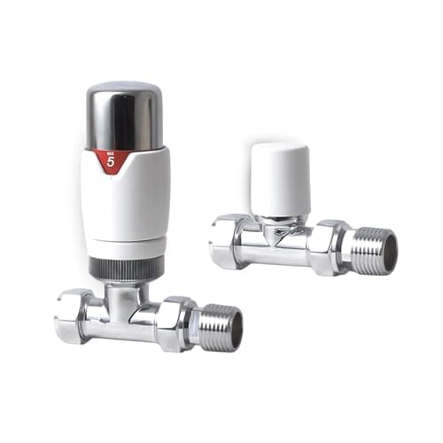 Image of Thermostatic Radiator Valve and Lockshield Set - Chrome & White TRV4 Straight TRV 15mm, Temperature Control for Central Heating, Fits Column Radiators & Towel Rails - Hulthor (White & Chrome)