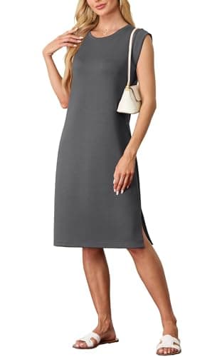 Image of GRECERELLE Womens Summer Midi Dress 2025 Casual Crew Neck Shirt Dresses Elegant Wrinkle-Free Sleeveless Dresses for Women UK with Split and Pockets (Dark Grey, L)