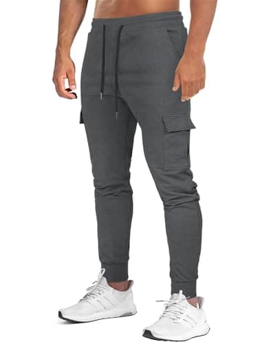 Image of Suwangi Mens Jogger Tracksuit Bottoms Jogging Sweatpants Gym Athletic Slim Fit Cotton Casual Elastic Waistband Trousers with Multi Pocket Grey