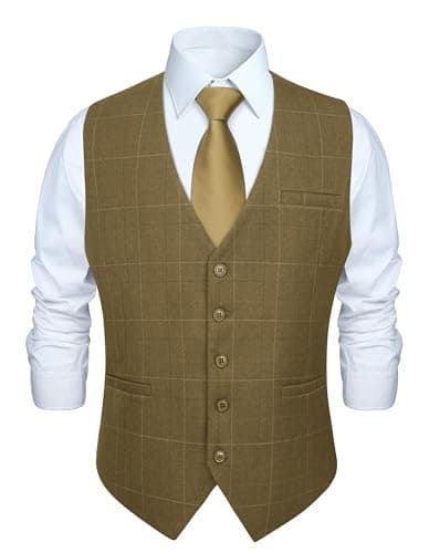 Image of HISDERN Men's Formal Wedding Party Waistcoat Cotton Plaid Dress Suit Vest, M, Khaki