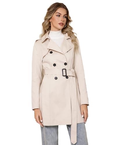 Image of DIASHINY Women's Double Breasted Trench Coat Classic Lapel Windbreak Midi Slim OuterWear With Belt Buckle Beige L