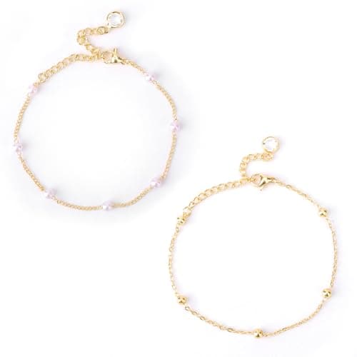 Image of Mikovivi 2pcs Gold Chain Bracelet Set, Stackable Pearl Bracelets for Women Adjustable No Fading Dainty Gold Jewelry Fashionable Beaded Chain for Weddings Birthdays Women Jewelry Gift