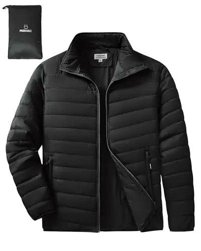 Image of Outdoor Ventures Men's Packable Puffer Jacket Insulated Lightweight Puffy Coat Warm Portable Padded Water Resistant Jacket for Hiking Travelling Camping Black L