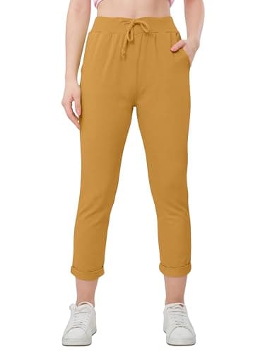 Image of Love My Fashions® Women's Plain Italian Trouser Elasticated Drawstring Waist Open Ankle Ladies Joggers Active Yoga Pants with Pockets Mustard Yellow